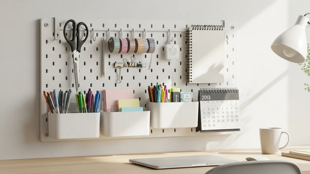 Wall-mounted pegboard stationery organizer with hooks and baskets for home office desk