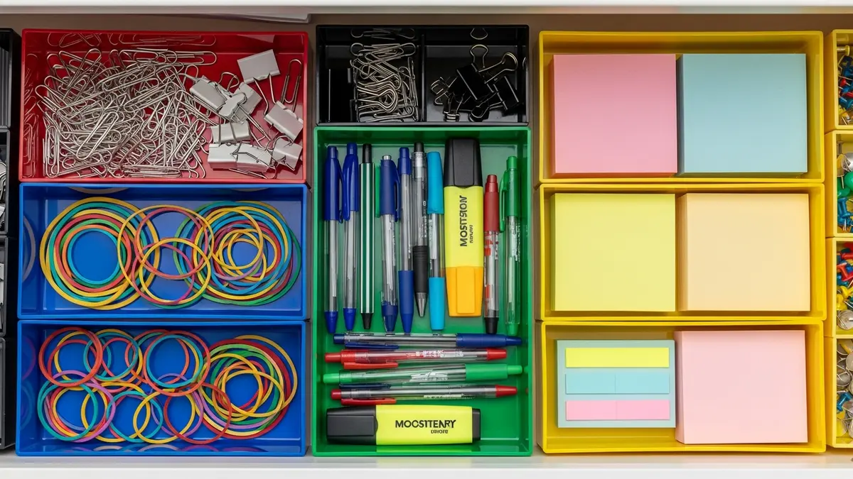 Drawer divider stationery organizer system with color-coded compartments for desk supplies