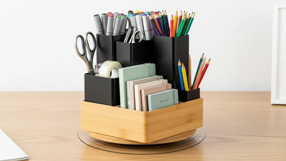 Rotating 360-degree stationery organizer caddy holding pens and art supplies on a home desk