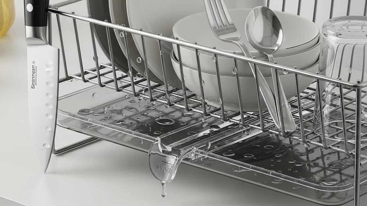 Steel wire dish rack drainage system and rust-resistant coating close-up view
