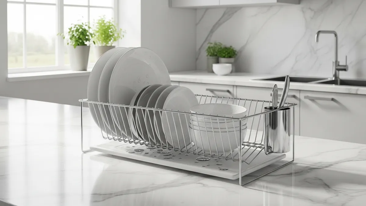 Steel wire dish rack organizing plates and bowls in modern minimalist kitchen