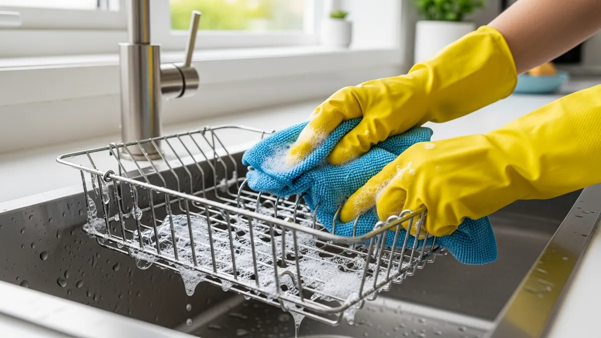 Proper maintenance and cleaning of steel wire dish rack with microfiber cloth