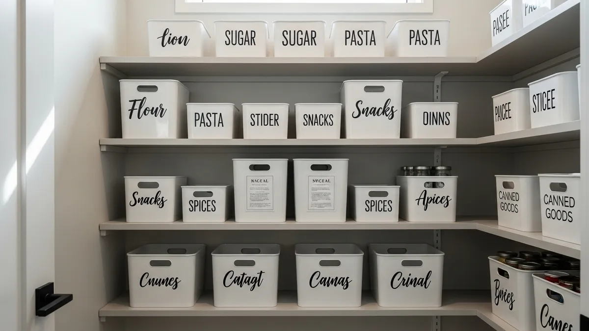 Neatly organized pantry shelves with labeled white storage bins for home organization