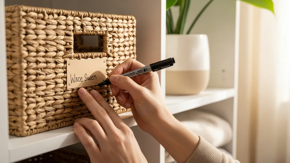 Person handwriting a DIY storage bin label and attaching it to a woven basket