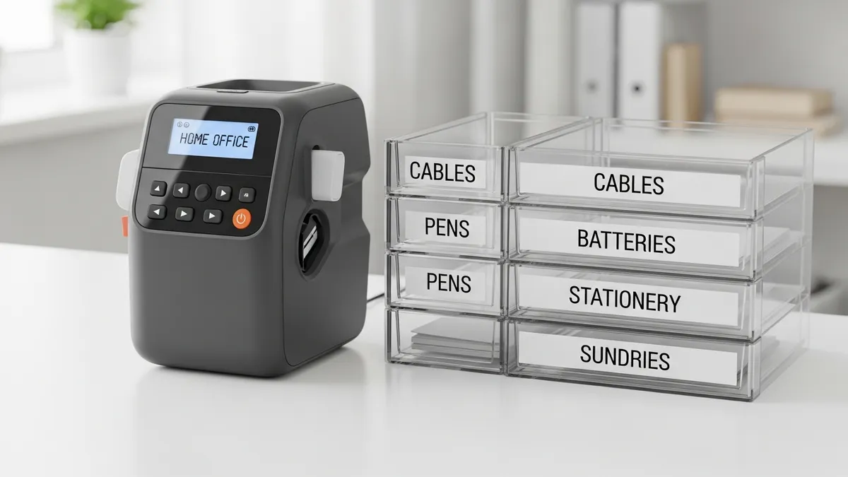 Label maker next to clear plastic storage bins with printed labels in a home office