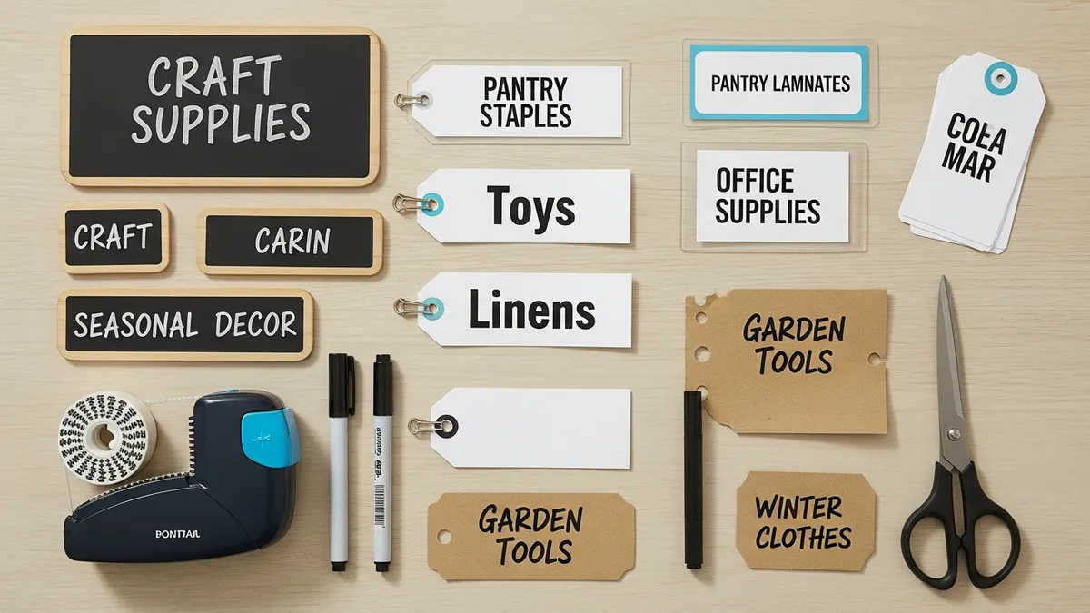 Various types of storage bin labels including chalkboard, printed, and clip-on tags laid out flat