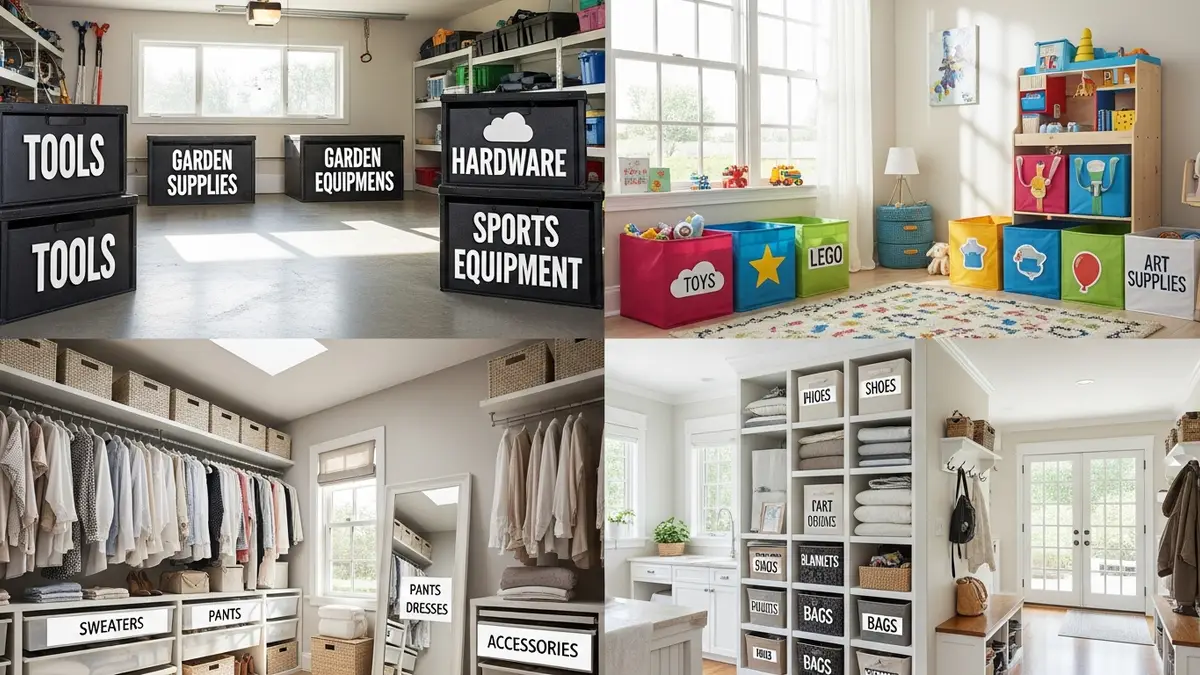 Labeled storage bins in different home rooms including garage, kids room, and closet