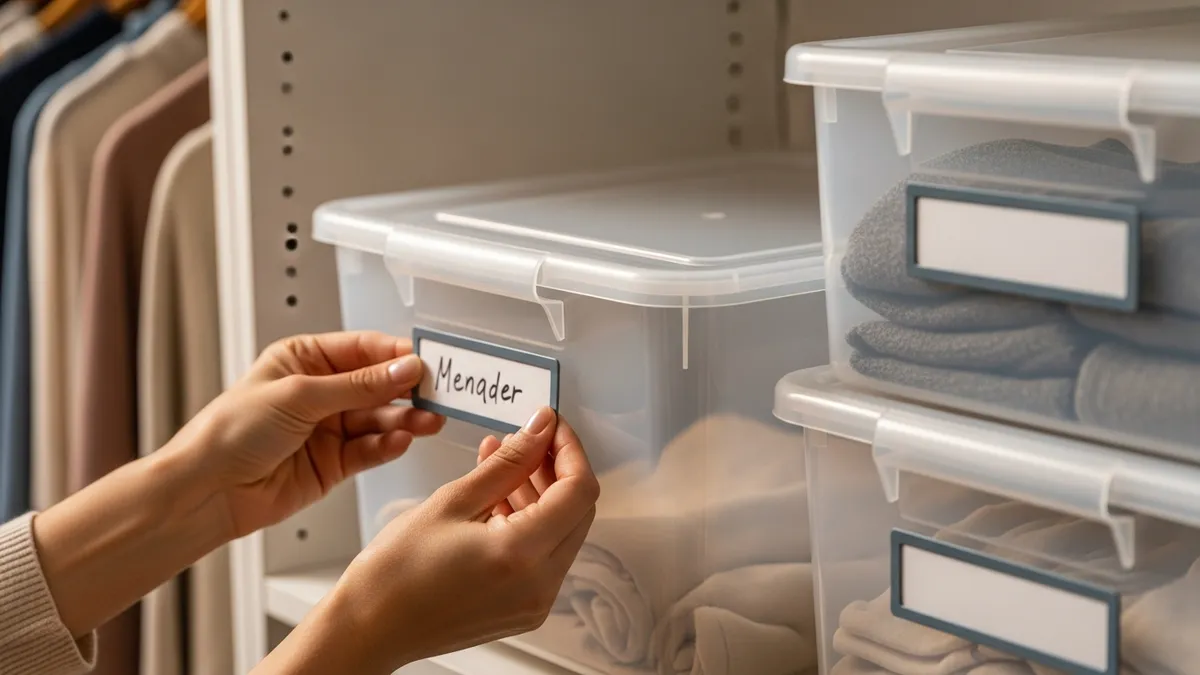 Labeling storage bins with lids for organized home storage system