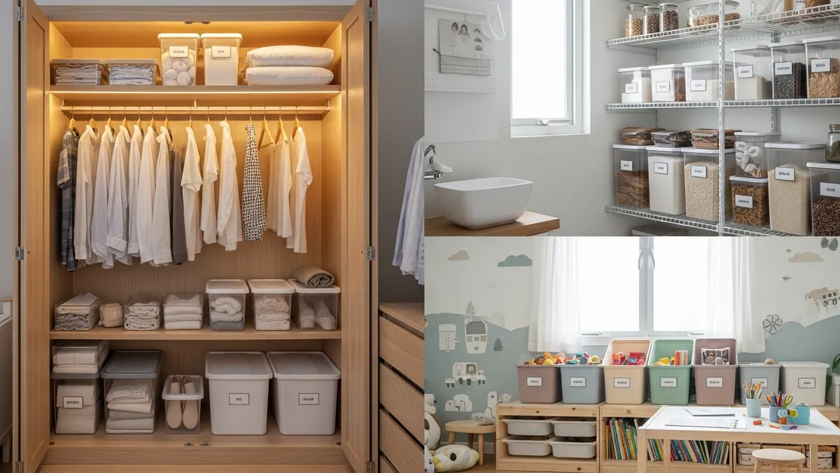 Storage bins with lids used in bedroom, kitchen, and children's room organization