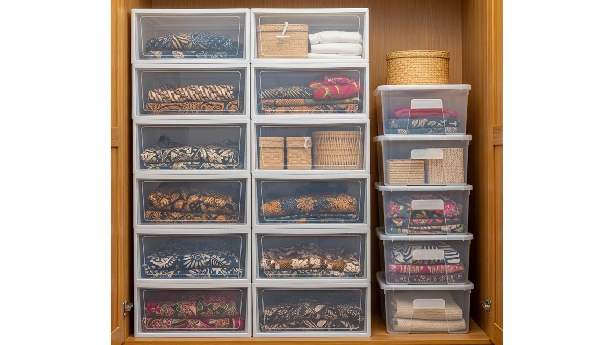Stackable storage bins with lids inside wardrobe closet to maximize vertical space