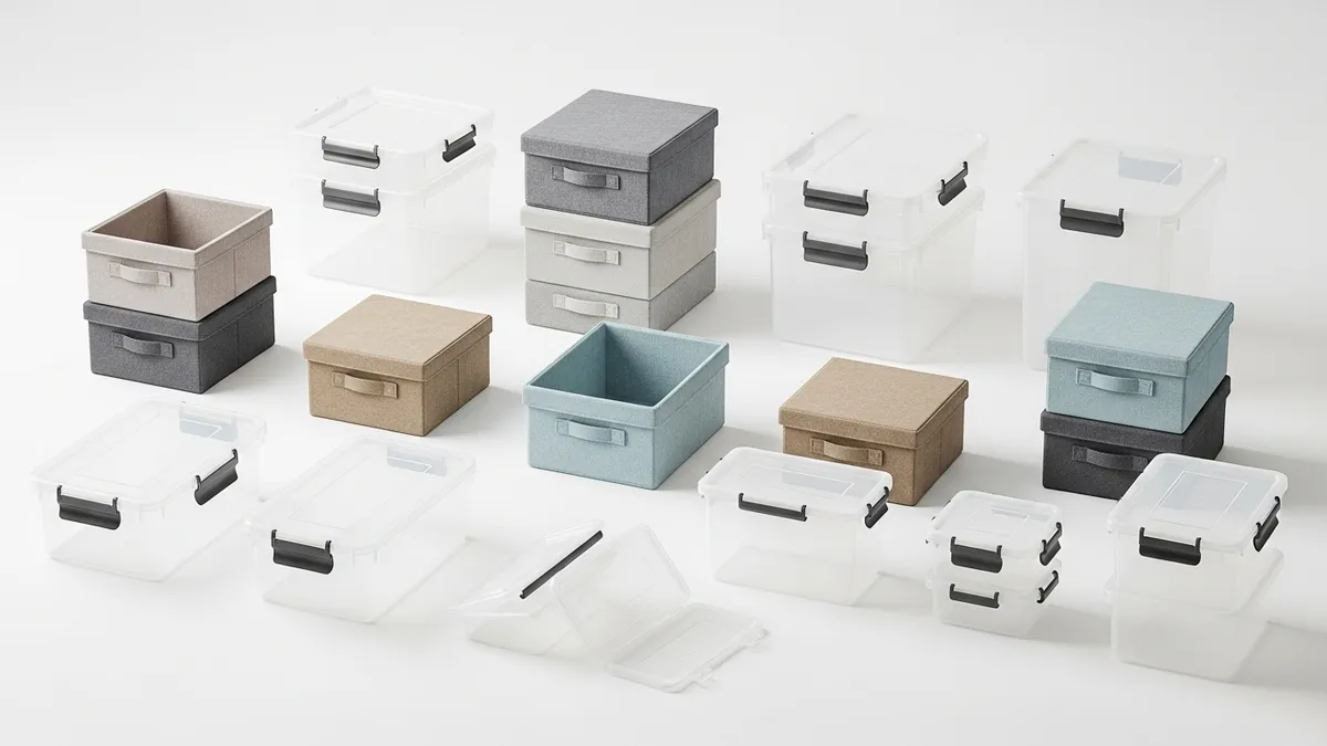 Various types of storage bins with lids in different materials and sizes