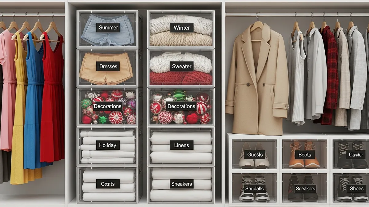 Storage box plastik containers organizing closet space with labeled transparent bins