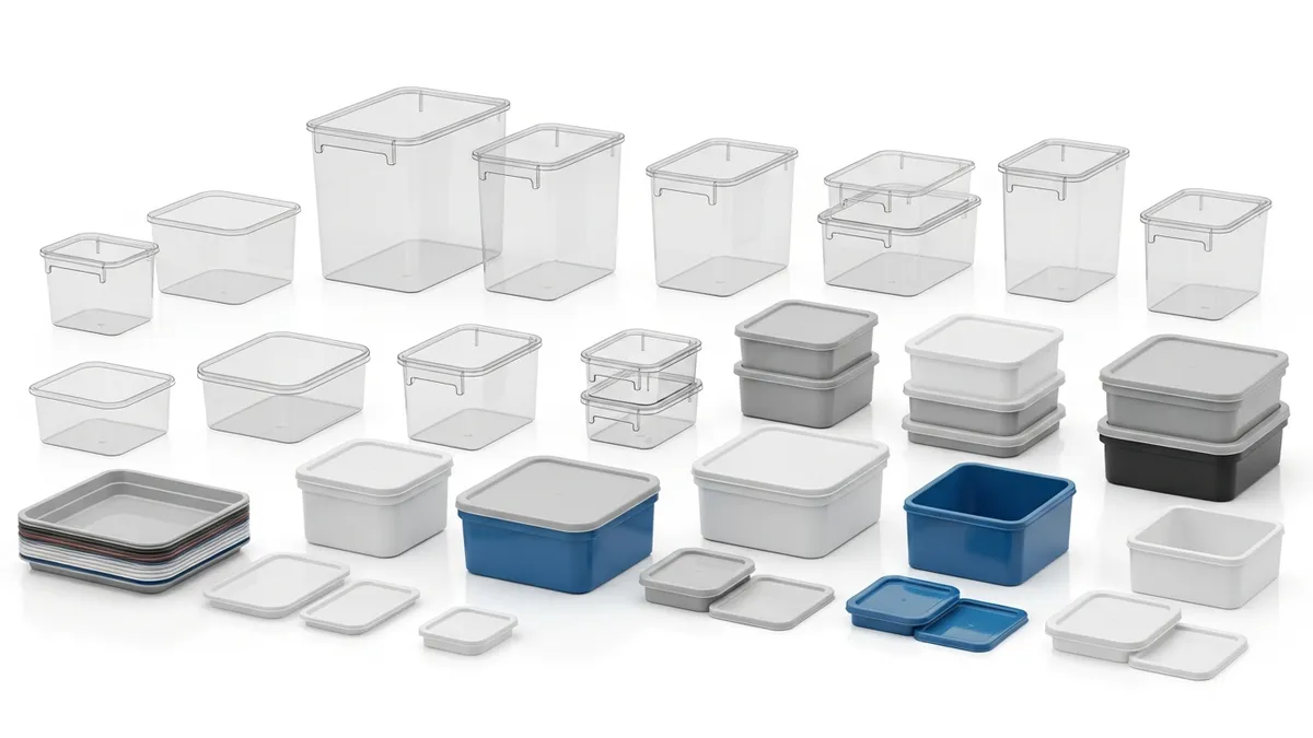 Different types of storage box plastik containers showing various sizes and designs