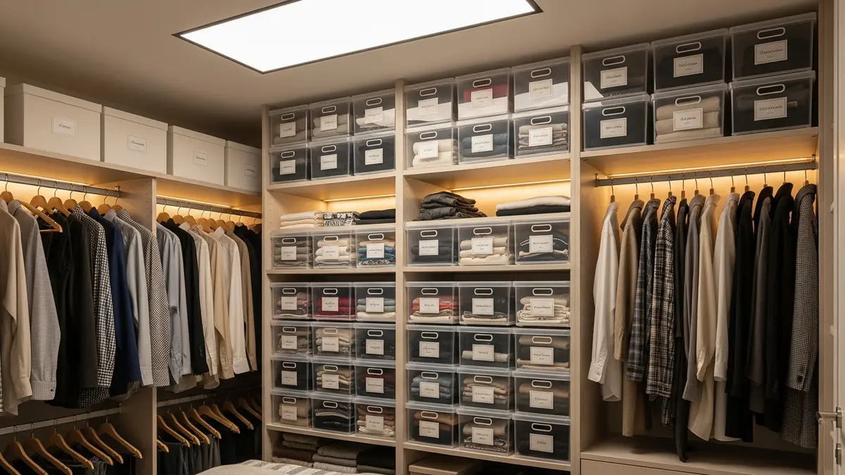 Organized closet using plastic storage boxes for efficient space management
