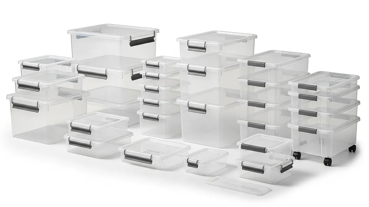 Different types of plastic storage box containers showcasing variety