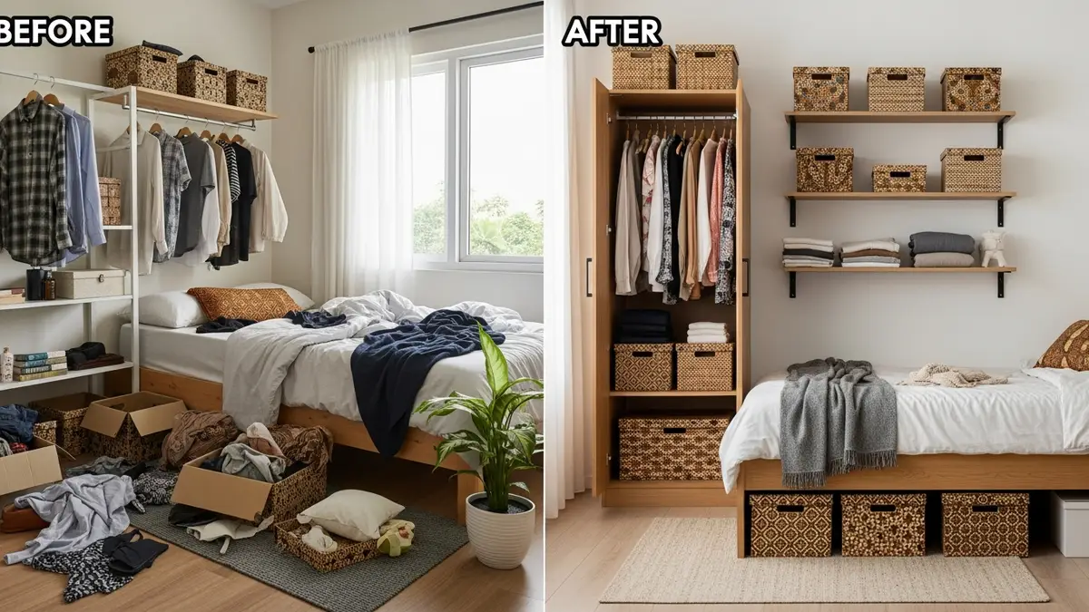 Organized bedroom with storage boxes under the bed and in closets for optimal storage