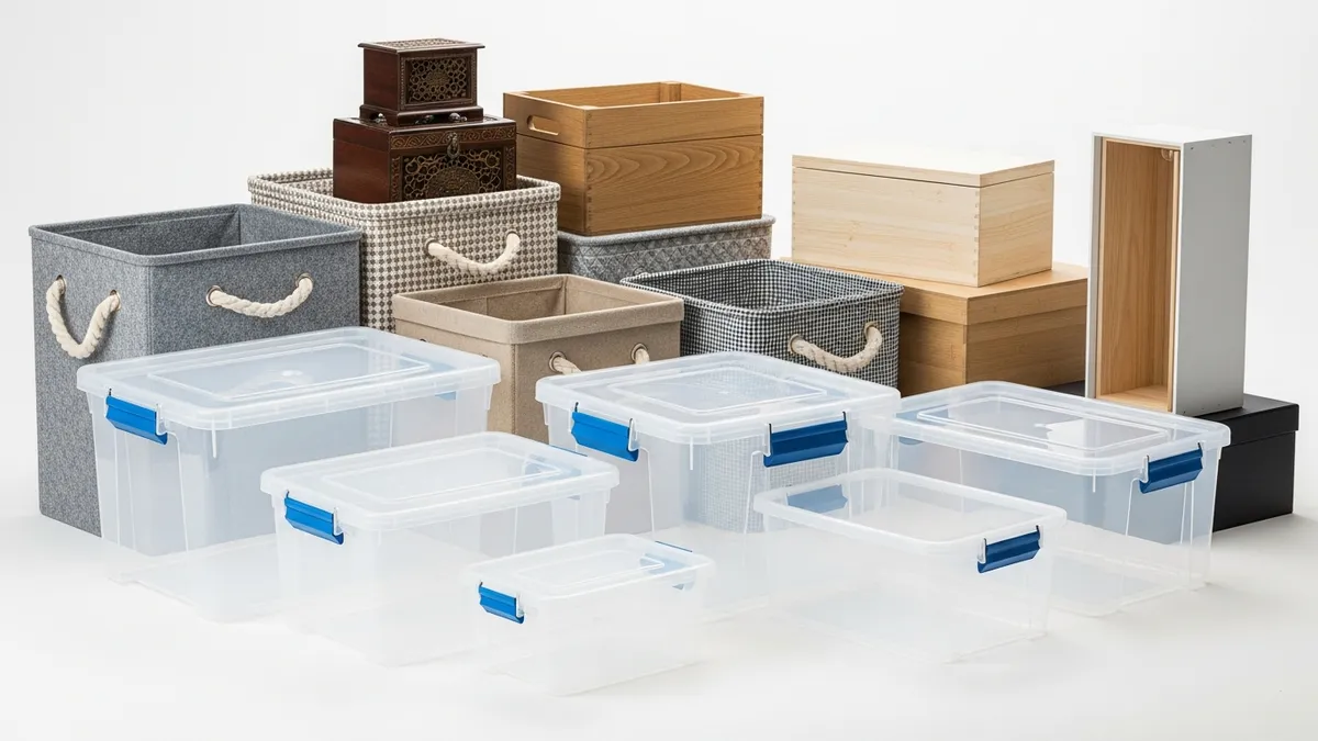 Collection of various types of plastic, fabric, and wooden storage boxes for home storage needs