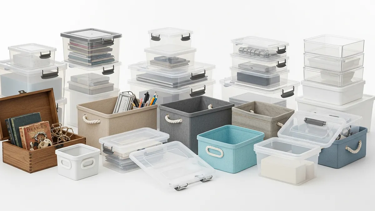 Collection of various types of transparent plastic storage boxes and fabric organizers