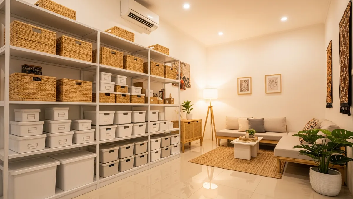 Storage boxes for home neatly arranged on open shelves in a modern Indonesian living room