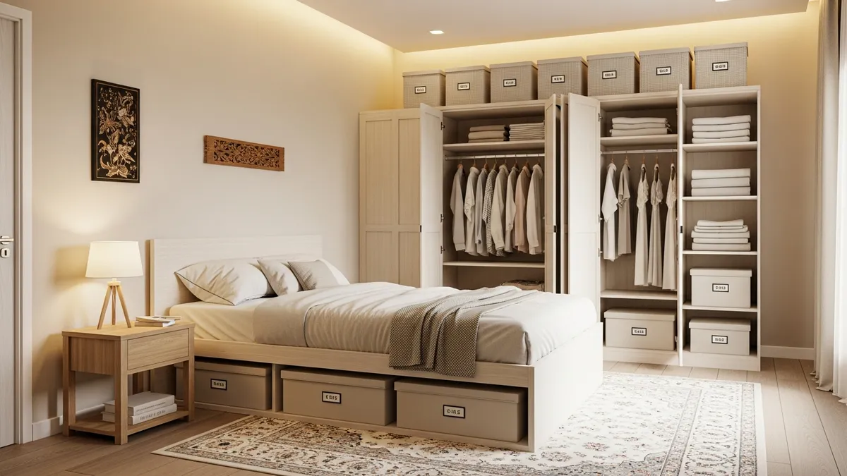 Storage boxes for bedroom organization including under-bed boxes and wardrobe shelf bins