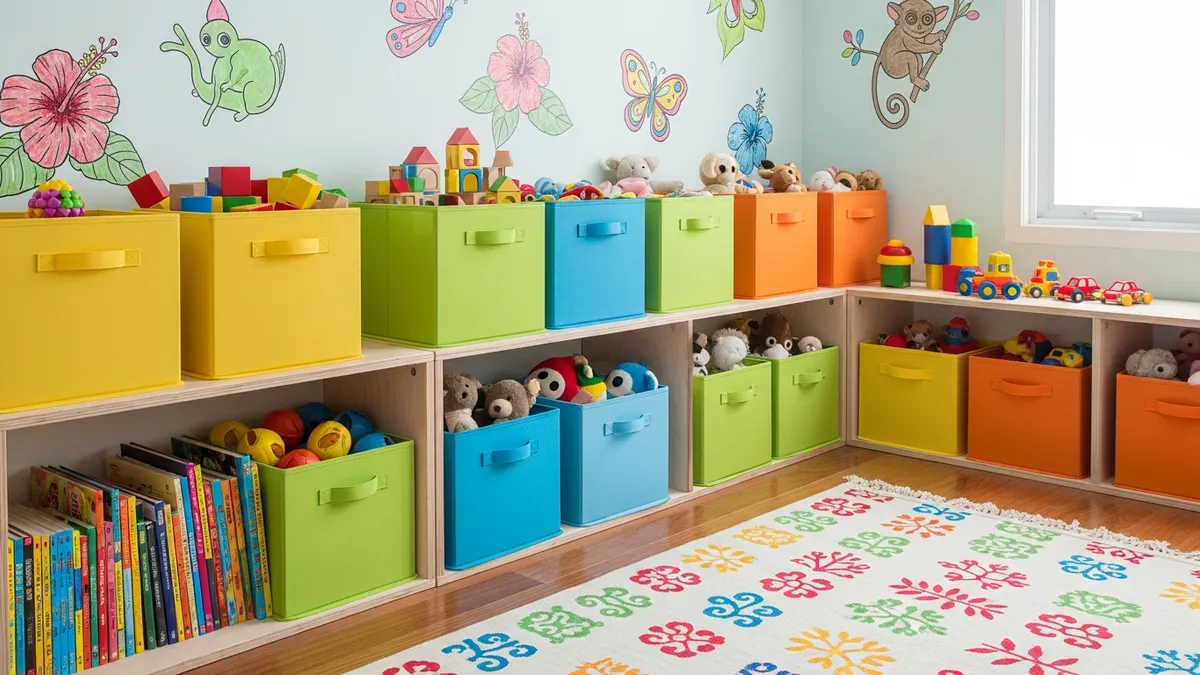 Colorful storage boxes for kids room with toy bins and book organizers on low shelves
