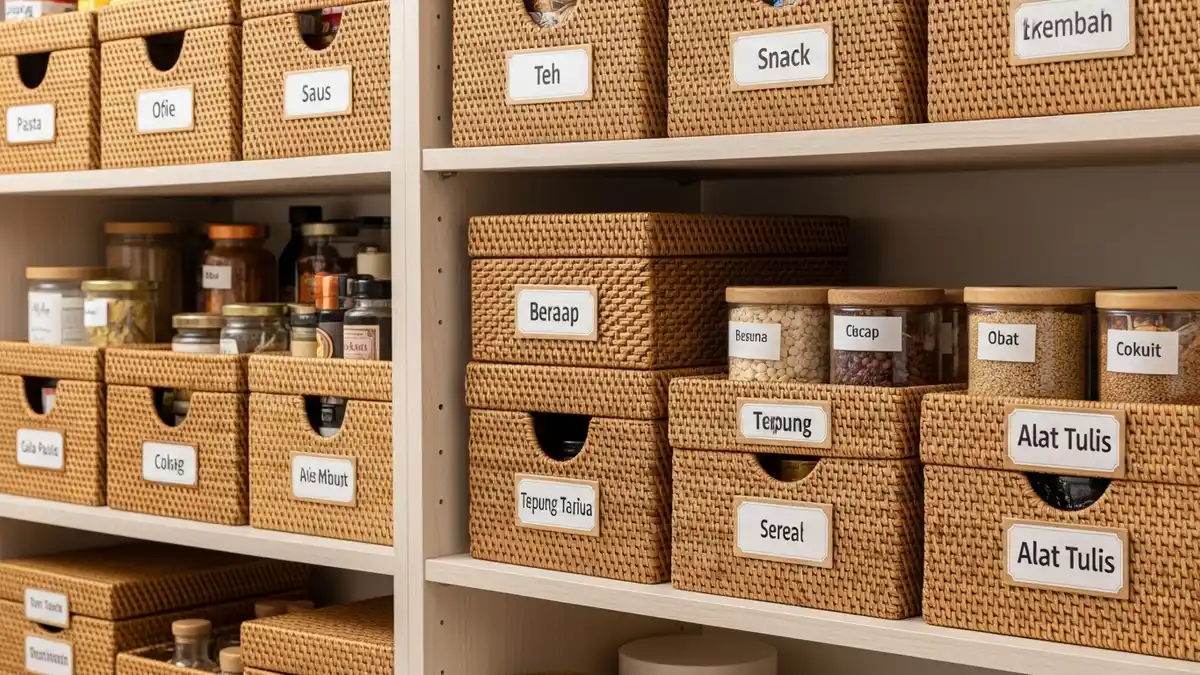 Labeled storage boxes organized on pantry shelves for efficient home storage system