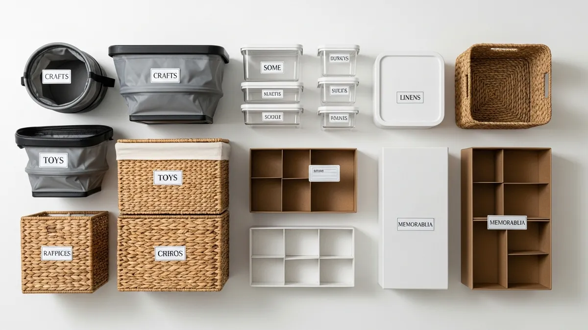 Various types of storage boxes for home including fabric, plastic, rattan, and cardboard organizers