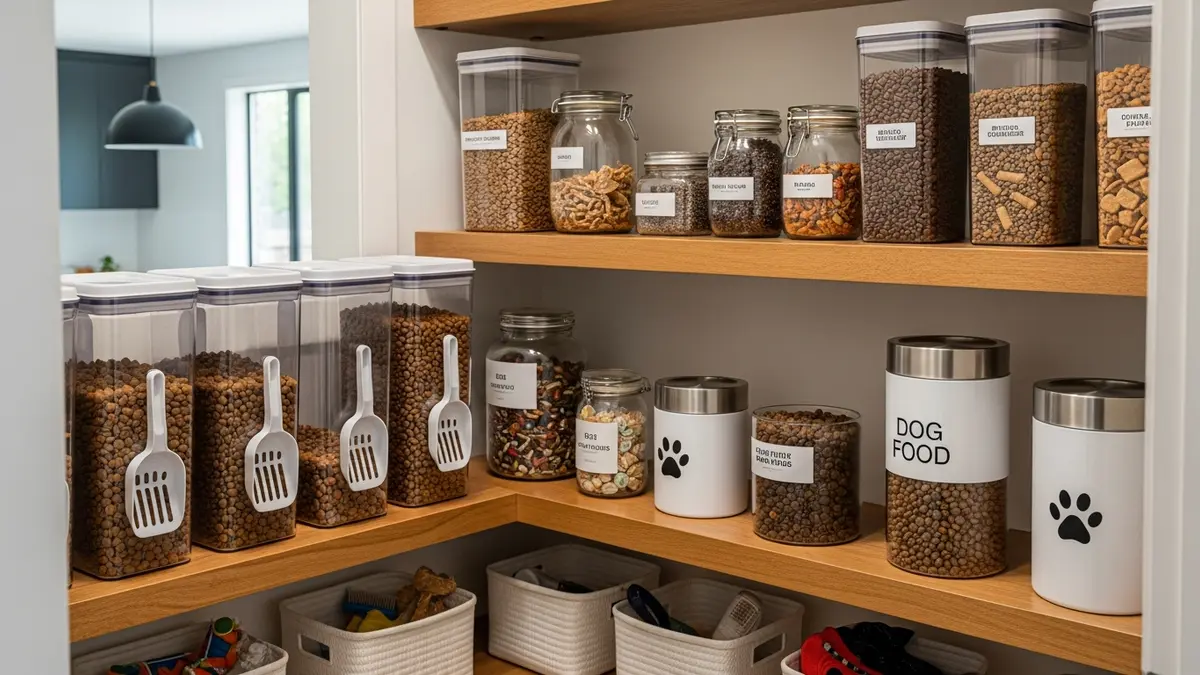 Storage containers dog food organized in modern kitchen pantry with airtight containers