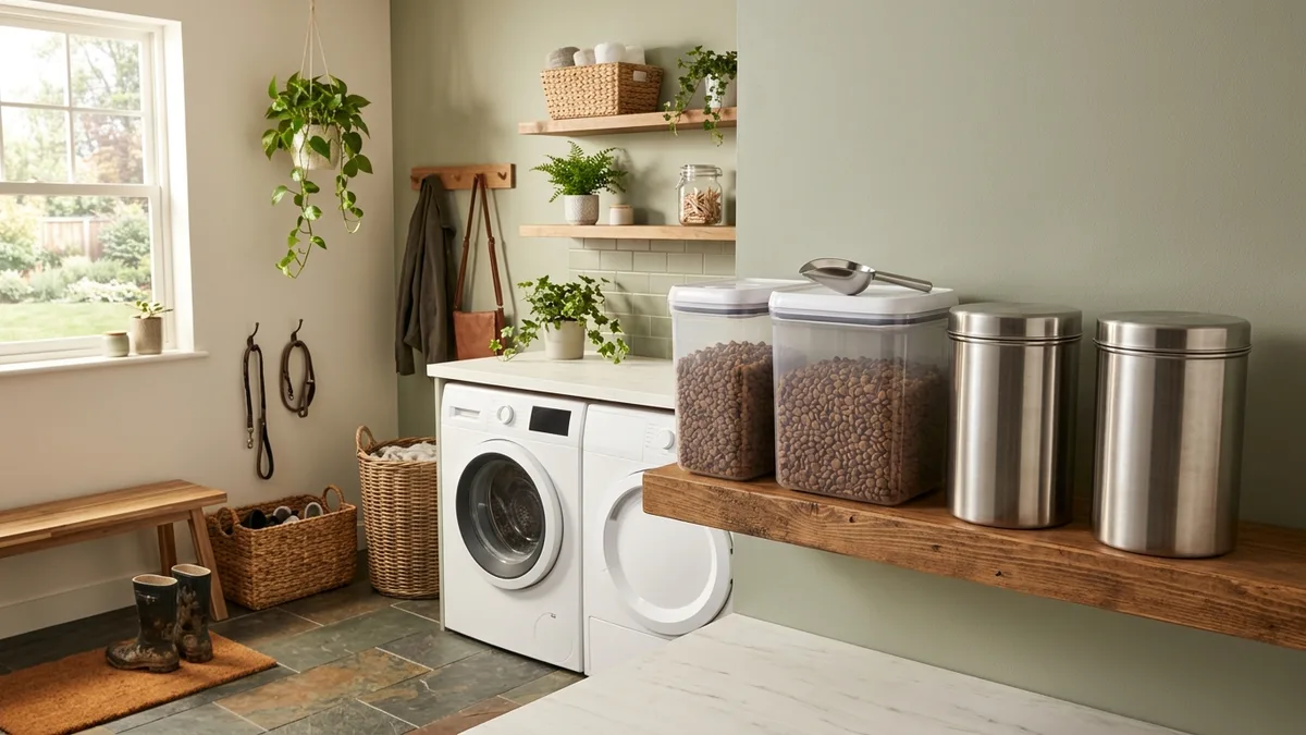 Large airtight storage containers for dog food displayed on a wooden shelf in a modern home