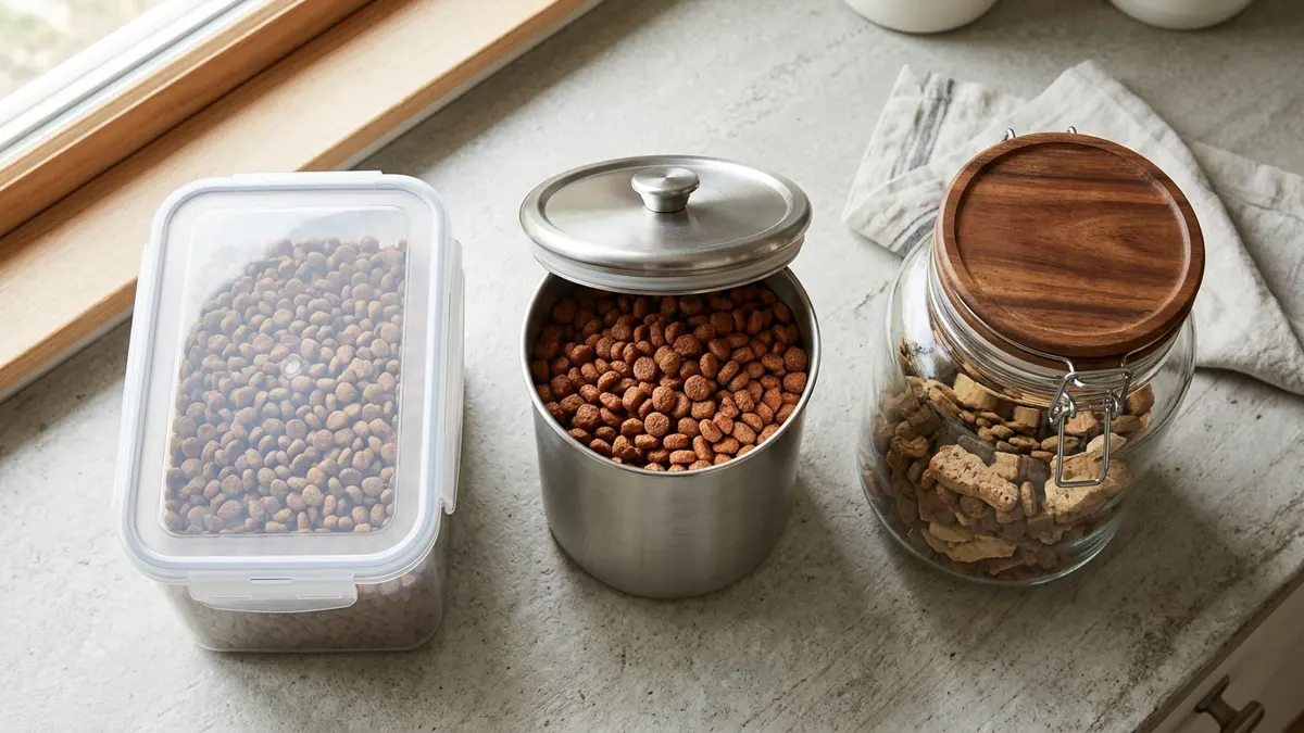 Comparison of plastic BPA-free, stainless steel, and glass dog food storage containers on a countertop