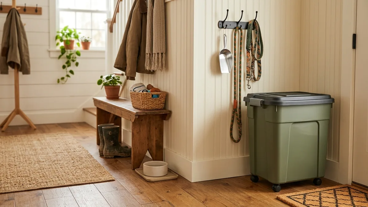 Large wheeled dog food storage bin with scoop in an organized mudroom corner