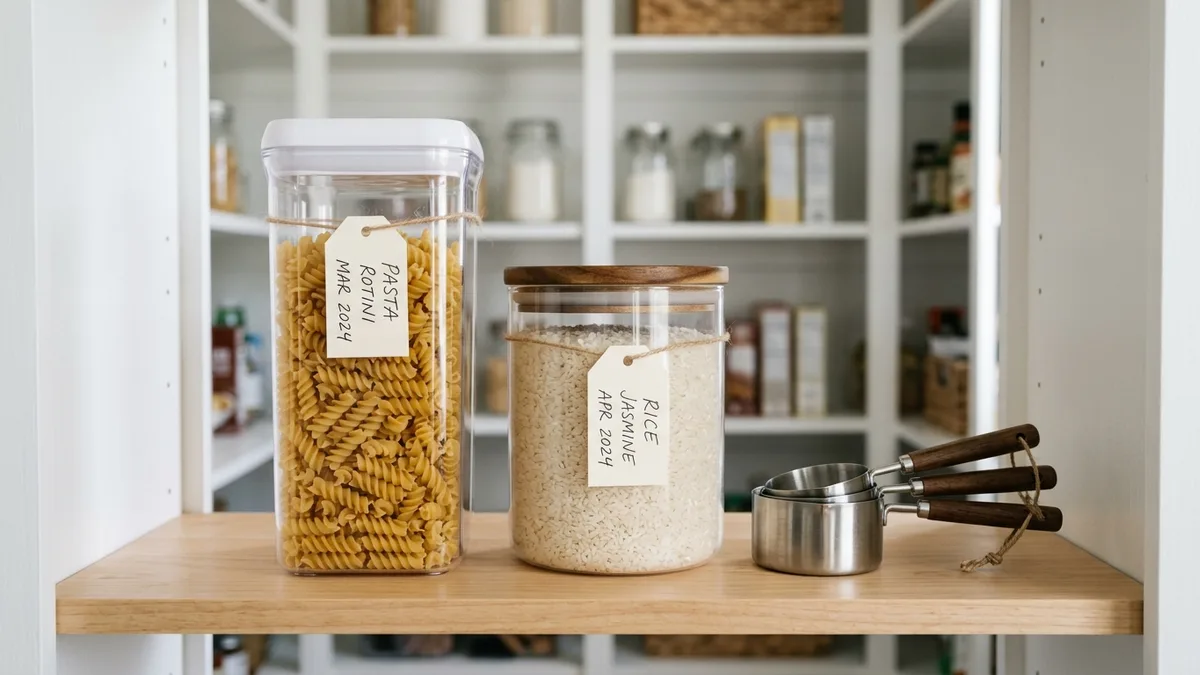 Different sizes of airtight pet food storage containers organized on a pantry shelf