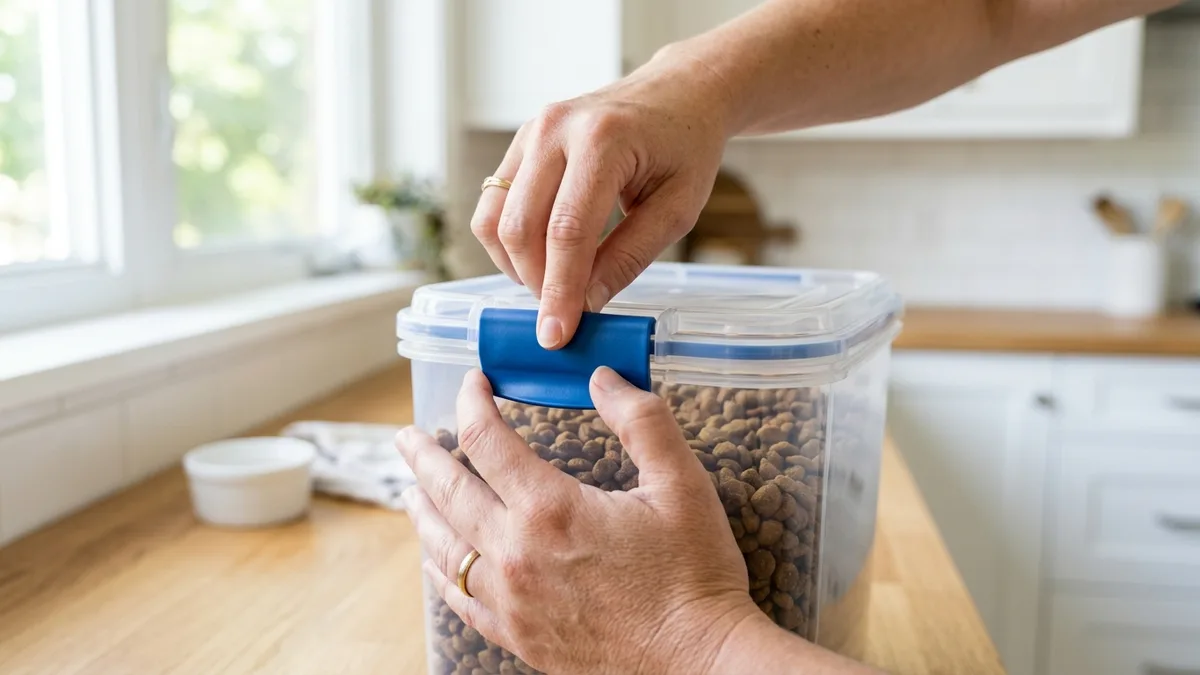 Hands sealing a locking lid on a clear airtight dog food storage container