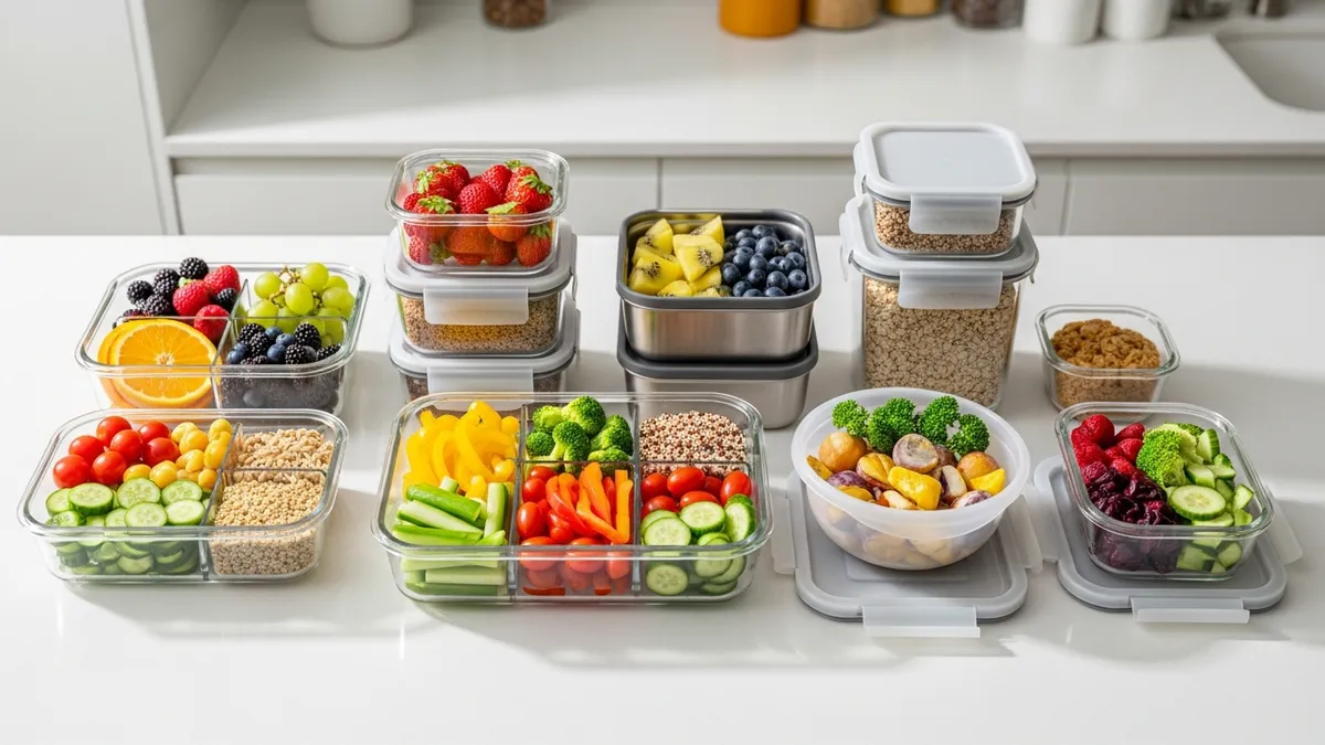 Assorted food storage containers with fresh food organized on a modern kitchen countertop