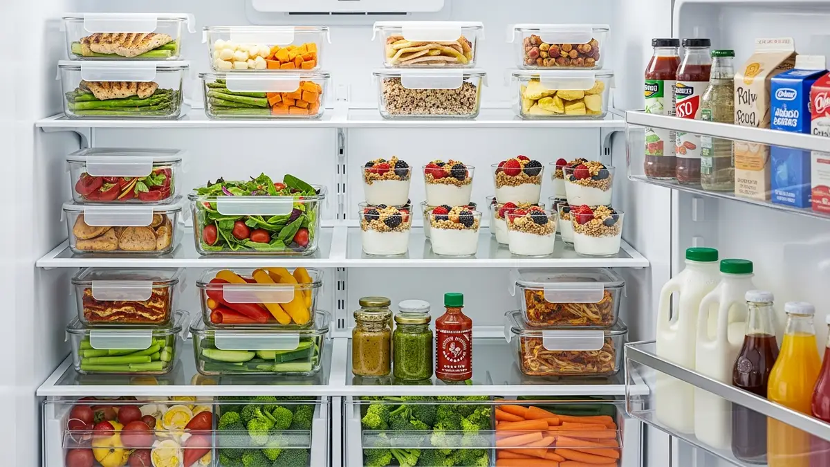 Refrigerator organized with stackable glass food storage containers for meal prep