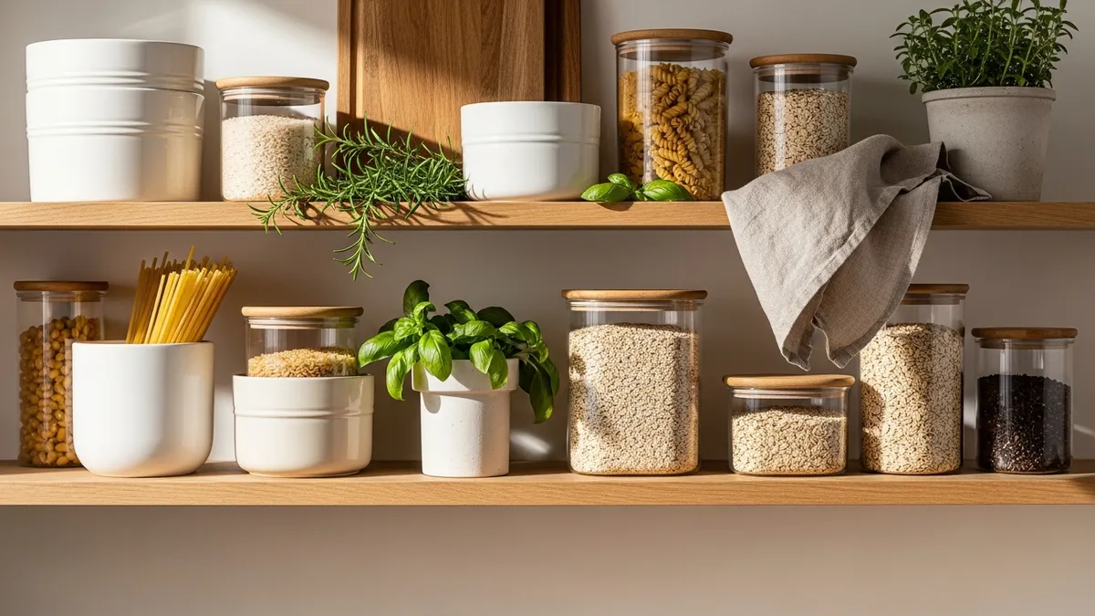 Aesthetic kitchen shelf with stylish matching food storage containers in neutral tones