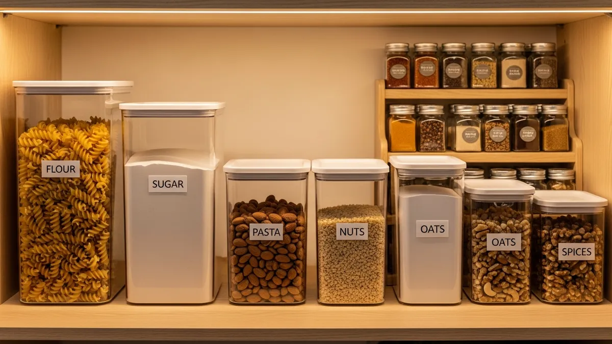Organized pantry shelf with labeled airtight food storage containers for dry goods