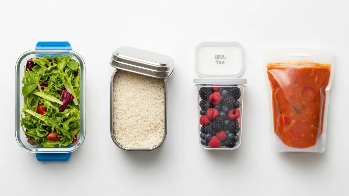 Four types of food storage containers glass stainless steel plastic and silicone comparison flat lay