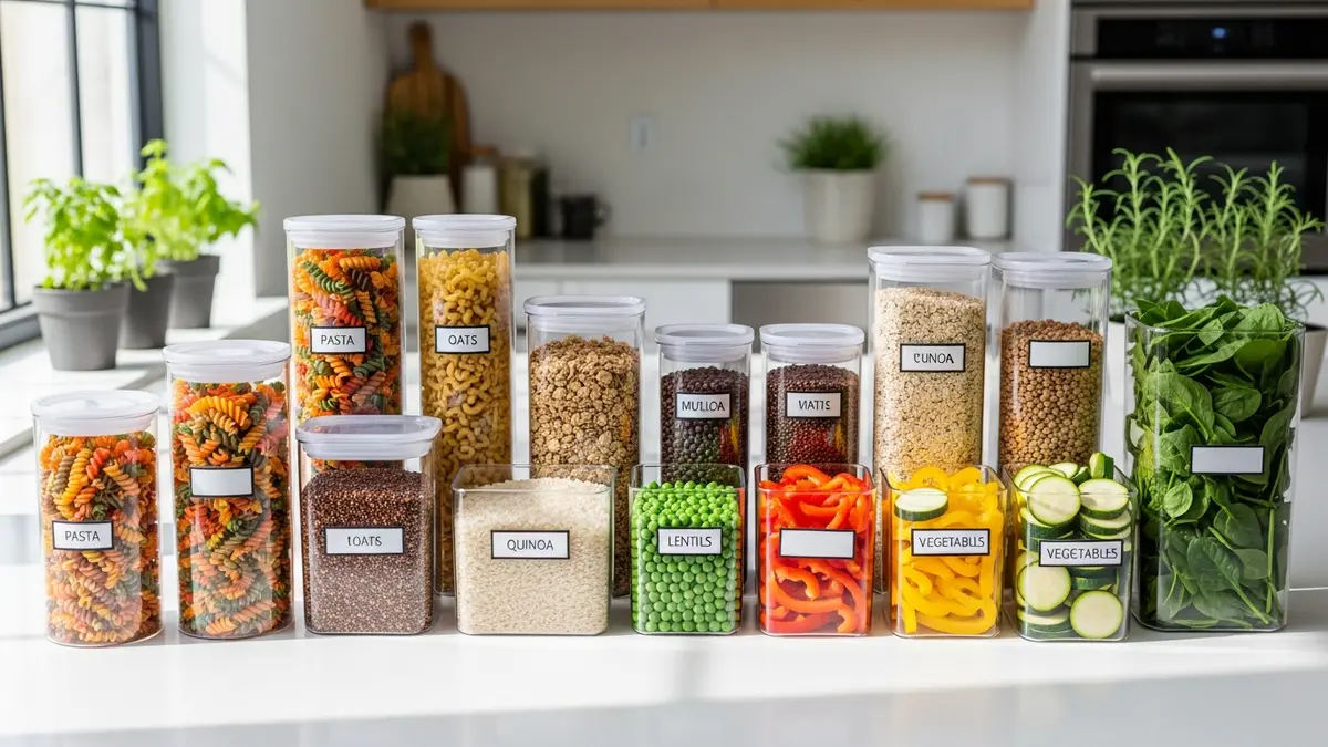 Various storage containers food solutions organized on kitchen counter with fresh ingredients