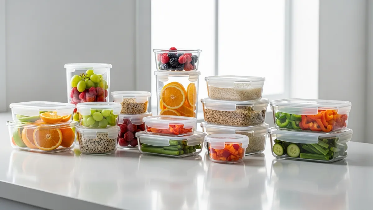 BPA-free storage containers for food organized on kitchen counter