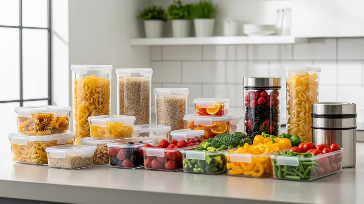 Various storage containers for food on modern kitchen counter with fresh ingredients