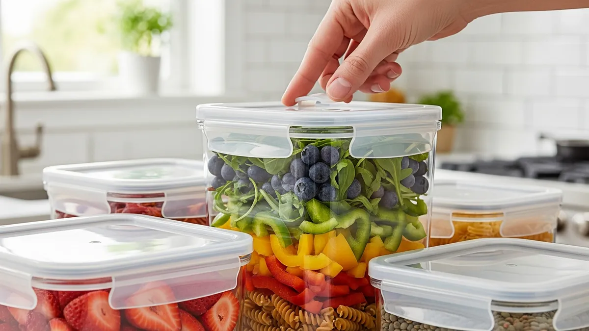 Airtight storage containers for food with locking lids and silicone seal gaskets