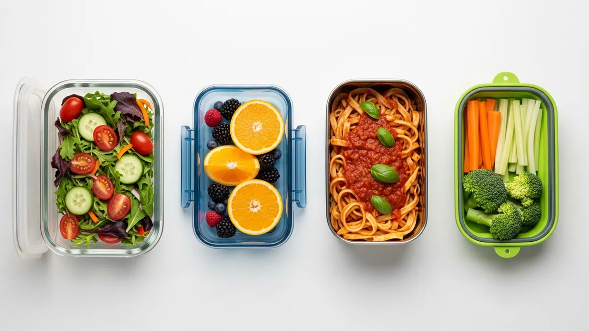 Different types of storage containers for food including glass, plastic, stainless steel and silicone options