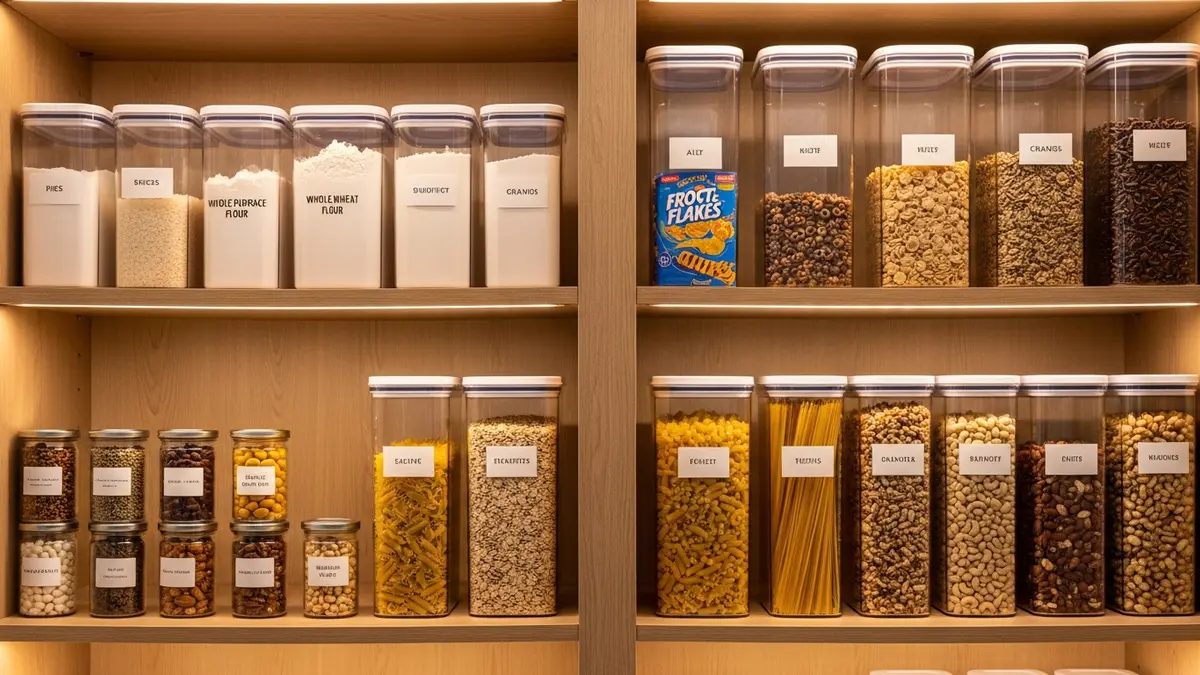 Organized pantry with matching sets of storage containers for food neatly labeled and stacked