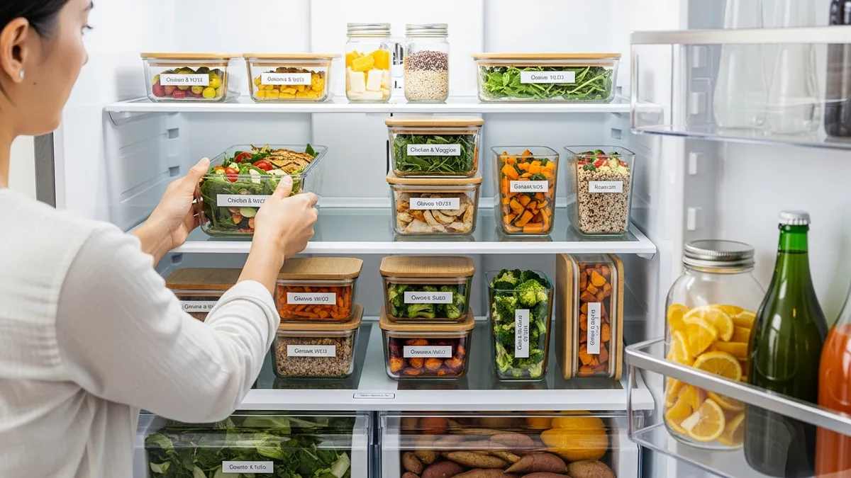Organizing refrigerator with glass storage containers for food meal prep
