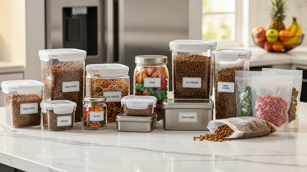 Different types of storage containers for pet food including plastic, glass and metal options