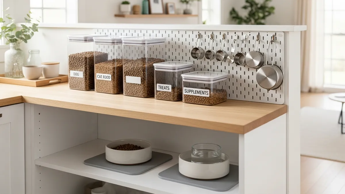 Organized pet food storage system with containers and feeding station setup