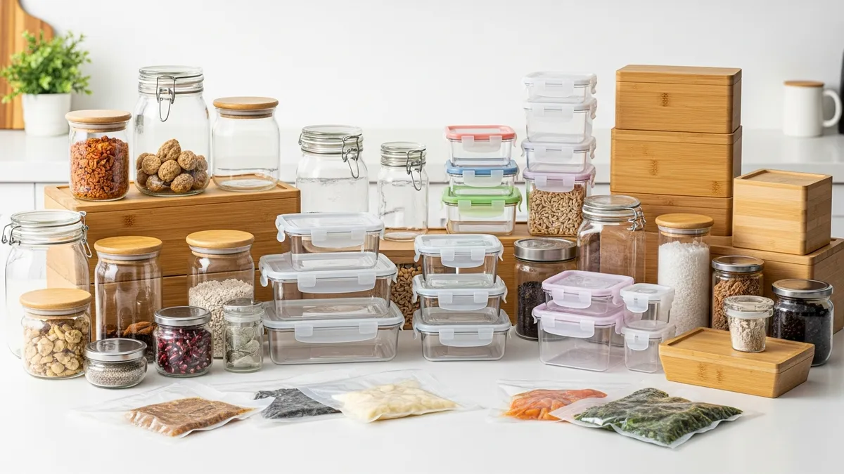 Various types of food storage containers organized by size and material for efficient storage solutions