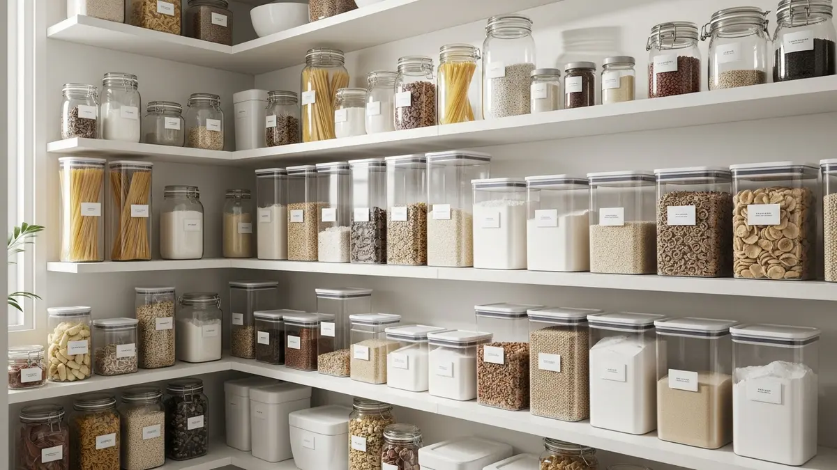Organized storage for food storage containers in modern kitchen pantry with various containers systematically arranged on shelves
