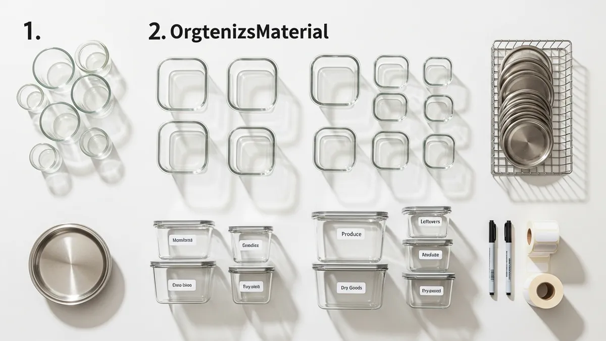 Step-by-step tutorial layout for sorting and organizing food storage containers by size and material